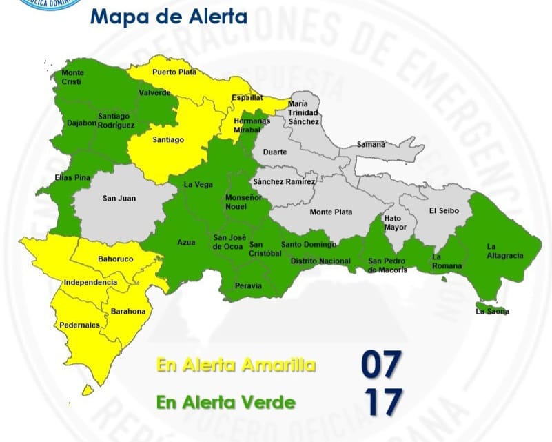 COE mantiene 24 demarcaciones en alerta por lluvias; siete en amarillo y 17 en verde